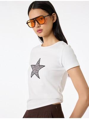 Koton Baskılı Kısa Kollu Bisiklet Yaka Pamuklu Tişört