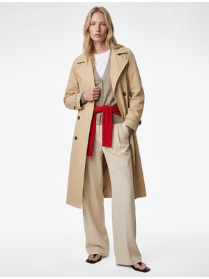 Koton Uzun Kollu Cepli Kemerli Düğmeli Kruvaze Gabardin Oversize Trençkot