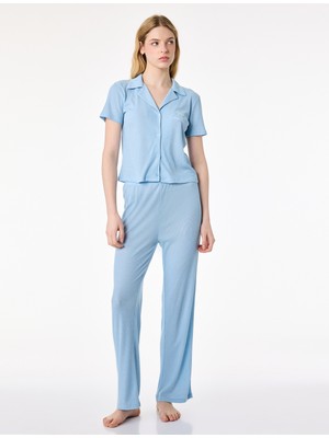 Koton Rahat Kalıp Gömlek Yaka Fitilli Pijama Takımı