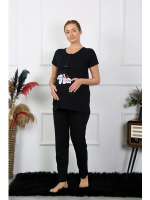 Hobilinka Kadın Kısa Kol Hamile Lohusa Pijama Takımı Siyah