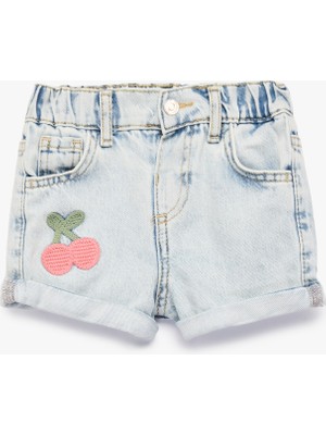 Koton Pamuklu Mavi Denim Şort Kız Çocuk İçin Işleme Detaylı Eğlenceli Günlük Kullanım