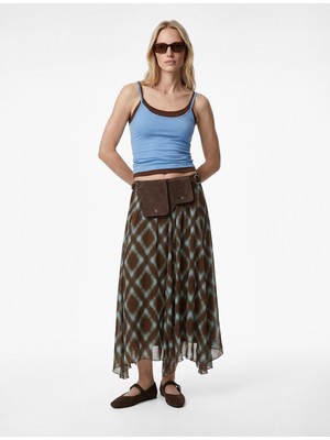 Koton Asimetrik Kloş Kesim Kareli Şifon Midi Etek