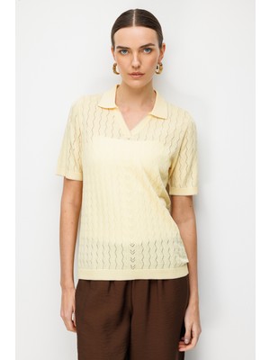 Desen Triko Kadın Polo Yaka Ajurlu Ince Triko Bluz Sarı