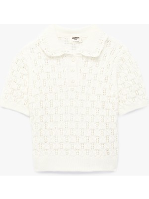 Koton Pamuklu Kız Çocuk Ekru Renk Kısa Kollu Gömlek Yaka Ajurlu Triko Kazak Günlük Stil