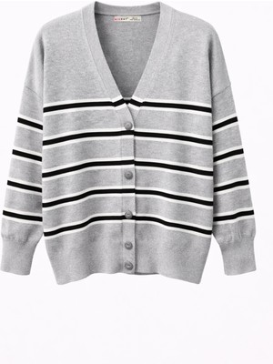 Mixray 7028 Kadın Çizgili Basic Triko Hırka Çi.gri