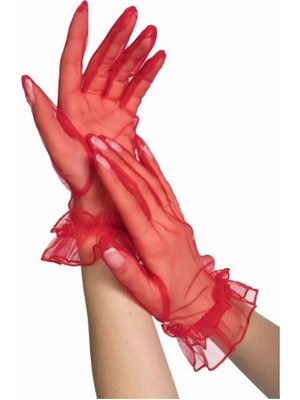 Hobilinka Kısa Boy Likralı Güpürlü Yetişkin Tül Eldiven Kırmızı Renk