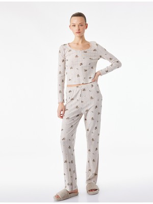 Koton Uzun Kollu Bisiklet Yaka Slim Desenli Pijama Üstü