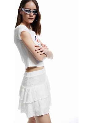 Koton Yüksek Bel Katlı Volanlı Astarlı Jakarlı Mini Etek