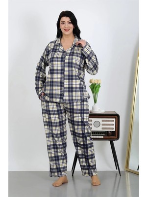 Hobilinka Kadın Büyük Beden Pamuklu Cepli Düğmeli Lacivert Pijama Takım