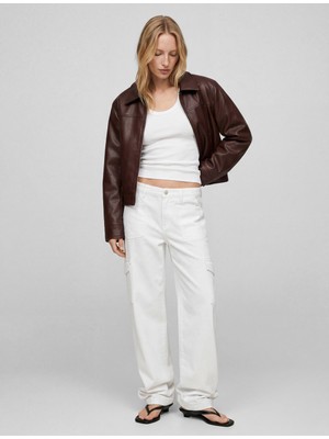 Koton Uzun Kollu Fermuarlı Cepli Gömlek Yaka Crop Suni Deri Ceket