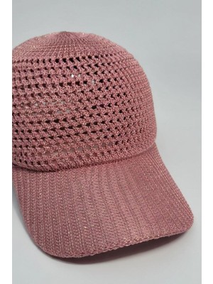 Mollycrush Kadın Pembe Örme Triko Beyzbol Şapkası - Yazlık File Detaylı Simli Spor Kep