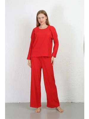 Hobilinka Kadın Bürümcük Kumaş Pijama Takım Kırmızı