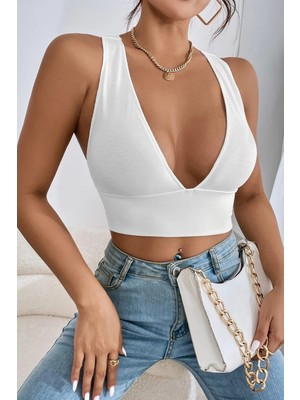 Hobilinka Kadın Beyaz Çapraz Sırt Detaylı Şık Crop Top Büstiyer