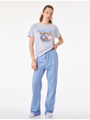 Koton Rahat Kalıp Kısa Kollu Bisiklet Yaka Çizgili Ayıcık Baskılı Pijama Takımı