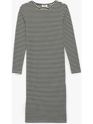 Koton Uzun Kollu Bisiklet Yaka Çizgili Midi Elbise