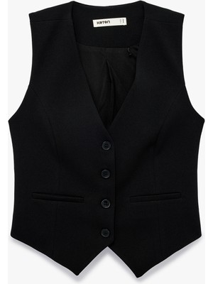 Koton Krep Scuba Kumaş Slim Fit Düğmeli V Yaka Slim Fit Blazer Yelek