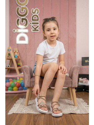 Diggo Kids Kız Çocuk Bebek Cırtlı Tokalı Taşlı Ortopedik Rahat Günlük Yazlık Çocuk Sandalet Terlik