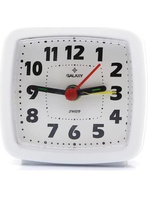 Galaxy Analog Küçük Boy  Akar Saniyeli Alarmlı  Masa Saati+Pil Hediyeli Plastik Beyaz