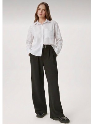 Stilera Kadın Çizgili Kısa Oversize Cepli Uzun Kollu Gömlek