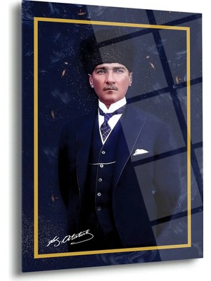 Shiny Art Atatürk Lacivert Fon ve Altın Çerçeveli Cam Tablo – ATA224