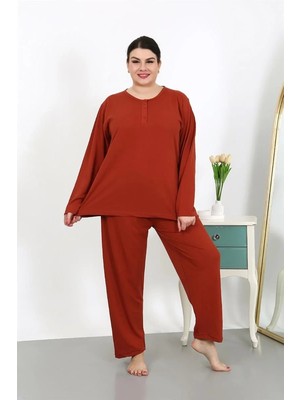 Hobilinka Kadın Büyük Beden Uzun Kol Penye Pijama Takımı Kiremit