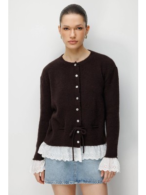 Mixray 7025 Kadın Dantel Detaylı Yumoş Triko Hırka Kahve