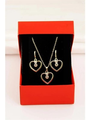 twingold Kalp Tasarımlı Gold Renkli Kolye Küpe Takımı