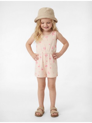 Koton Pamuklu Bisiklet Yaka Flamingo Baskılı Askılı Tulum