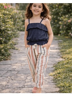 Çikoby Kız Çocuk Askılı Crop Siyah T-Shirt Çizgili Pantolon Alt-Üst Takım