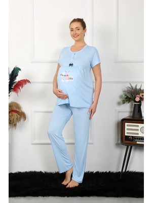 Hobilinka Kadın Kısa Kol Hamile Lohusa Pijama Takımı Mavi