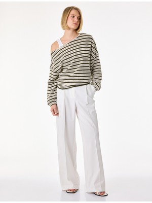 Koton Uzun Kollu Asimetrik Kesim Omzu Açık Çizgili Tişört