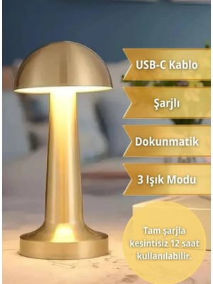 Evinizin Vitrini Retro Mantar Model Masa Lambası Şarjlı Ledli 3renk Dokunmatik Şarjlı Gece Lambası