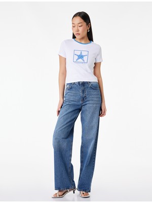 Koton Pamuklu Kısa Kollu Bisiklet Yaka Taşlı Deniz Kabuğu Baskılı Tişört