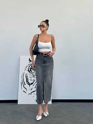 Herton Kadın Yüksek Bel Yırtmaçlı Uzun Kot Etek – %100 Pamuk Füme Denim