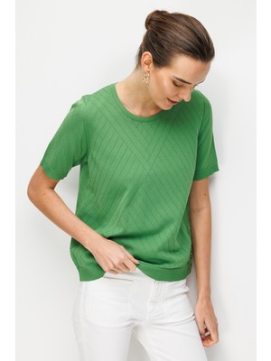 Desen Triko Kadın Sıfır Yaka Verev Çizgili Yanı Düğmeli Ince Triko Bluz Yosun