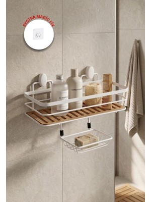 Okyanus Home  2 Fonksiyonlu Beyaz Ahşap Dikdörtgen Maxi Şampuanlık Yapıştırma\vidalama Seçenekli