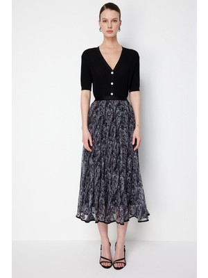 On Kadın Volanlı Desenli Maxi Etek 70204 Siyah