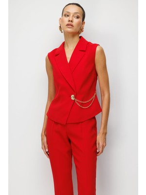 Ekol Kadın Kruvaze Yaka Zincir Aksesuarlı Yelek 2442 Kırmızı