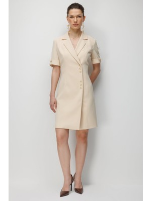 Ekol Kadın Kruvaze Yaka Metal Düğmeli Elbise 6020 Krem