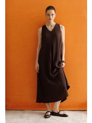 Mixray 4700 Kadın V Yaka Önü Pileli Elbise Kahve