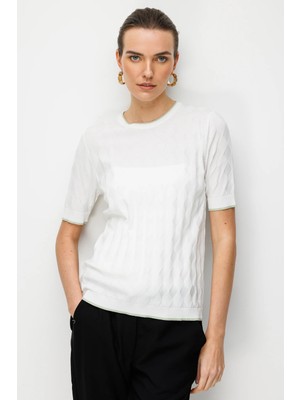 Desen Triko Kadın Sıfır Yaka Baklava Desenli Ince Triko Bluz Kemik