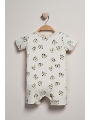 Baby Fou Kısa Kollu Barbatöz Tulum Ekru Renk Grafik Desenli Rahat Kullanım İçin Tasarlandı