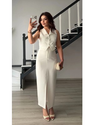 Elisin Beyaz Yırtmaçlı Kalem Etek