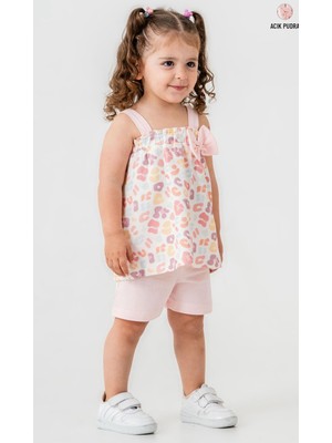 Smile Baby Kız Bebek Askılı Fiyonk Detaylı Desenli Bluz Şort Takım