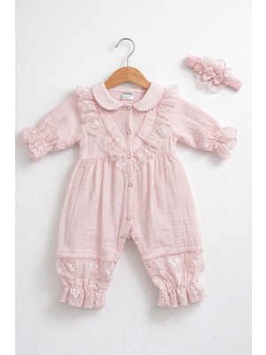 Kardeşler Bebe Yakalı Dantelli Kız Bebek Çıtçıtlı Tulum ve Saç Bandı