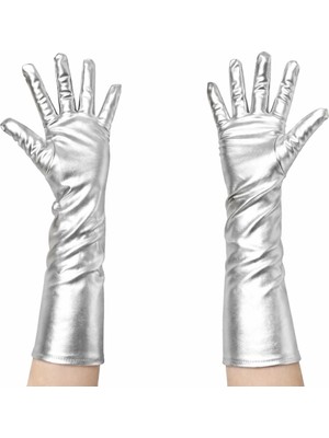 VeraGlobe Buğz Gümüş Renk Dirsek Altı Lüks Saten Eldiven 40 cm - Buğz