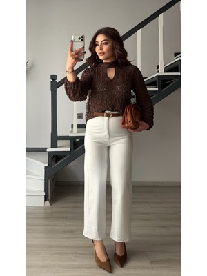 Elisin Beyaz Kemerli Likralı Wide Leg Jean