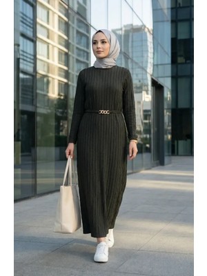 Sefa Merve Bürümcük Kumaş Kuşaklı Elbise 2239-03 Haki