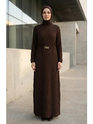 Sefa Merve Bürümcük Kumaş Kuşaklı Elbise 2239-06 Kahverengi