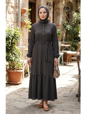 Sefa Merve Gofre Kumaş Kolu Lastikli Elbise 2243-02 Antrasit